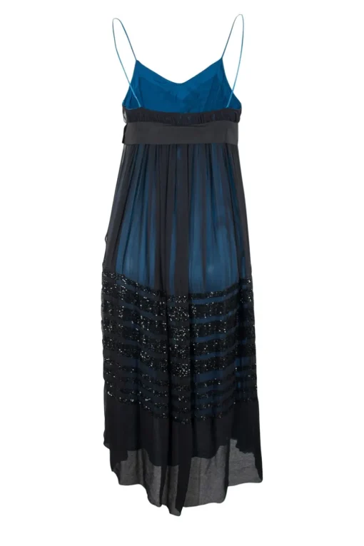 Silk black with blue inner strap knee-length dress adorned with shimmery beads