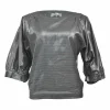 Silver cotton-blend metallic stripe jacquard cropped sleeve bateau neck blouse