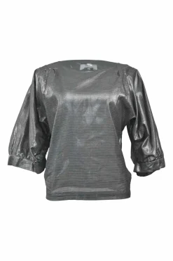 Silver cotton-blend metallic stripe jacquard cropped sleeve bateau neck blouse