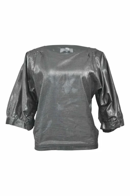 Silver cotton-blend metallic stripe jacquard cropped sleeve bateau neck blouse