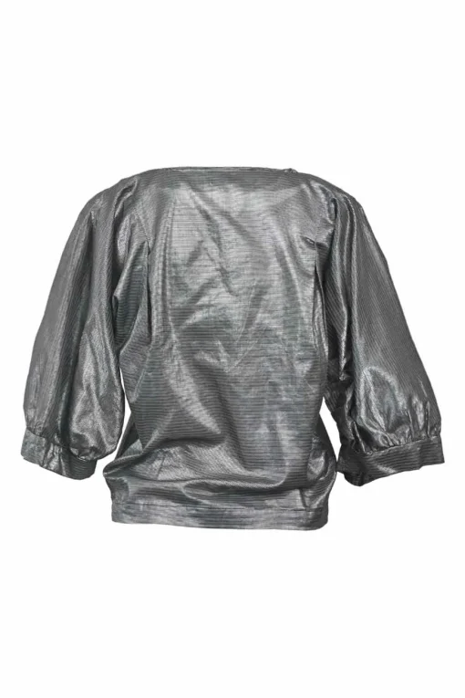 Silver cotton-blend metallic stripe jacquard cropped sleeve bateau neck blouse