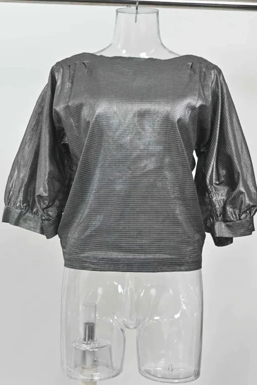 Silver cotton-blend metallic stripe jacquard cropped sleeve bateau neck blouse