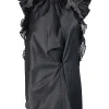 Silver grey sleeveless mini dress with plisse shoulder details and black chiffon details