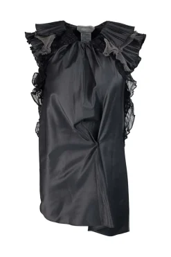 Silver grey sleeveless mini dress with plisse shoulder details and black chiffon details