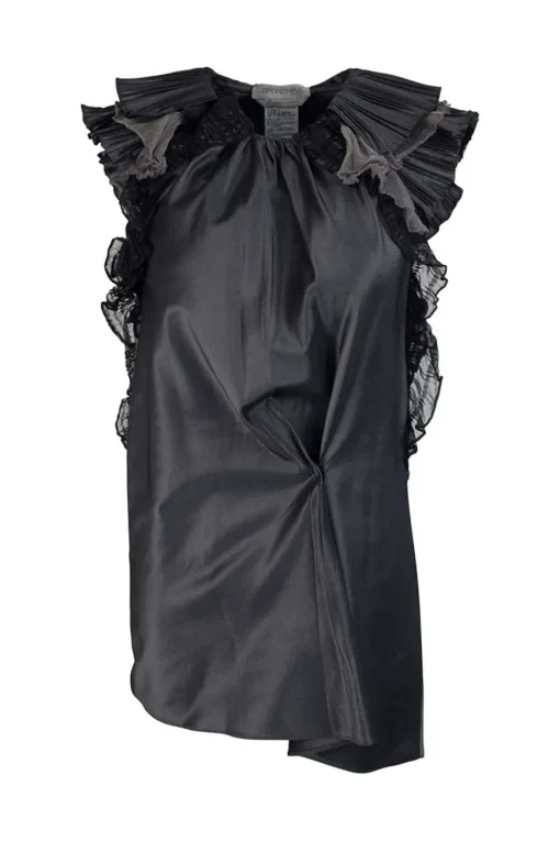 Silver grey sleeveless mini dress with plisse shoulder details and black chiffon details