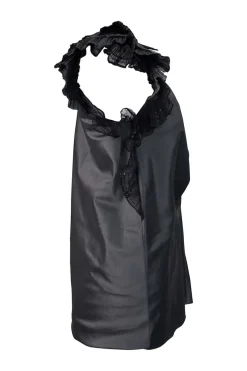 Silver grey sleeveless mini dress with plisse shoulder details and black chiffon details
