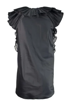 Silver grey sleeveless mini dress with plisse shoulder details and black chiffon details