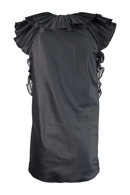 Silver grey sleeveless mini dress with plisse shoulder details and black chiffon details