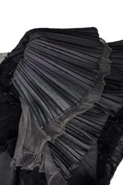 Silver grey sleeveless mini dress with plisse shoulder details and black chiffon details