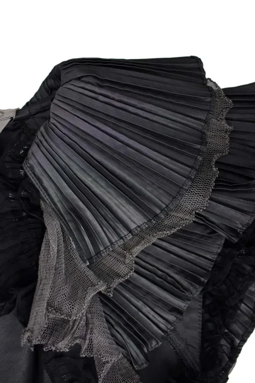 Silver grey sleeveless mini dress with plisse shoulder details and black chiffon details