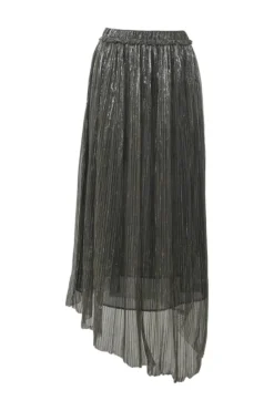 Silver metallic polyester plissé knit pull-on high-rise Dolmenae asymmetrical midi skirt