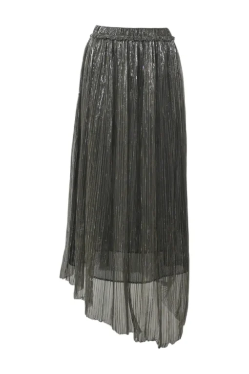 Silver metallic polyester plissé knit pull-on high-rise Dolmenae asymmetrical midi skirt