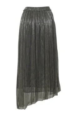 Silver metallic polyester plissé knit pull-on high-rise Dolmenae asymmetrical midi skirt