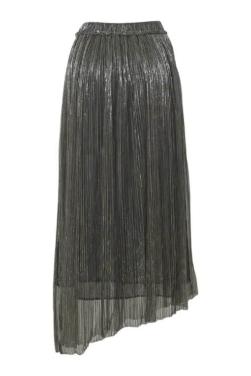 Silver metallic polyester plissé knit pull-on high-rise Dolmenae asymmetrical midi skirt