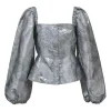 Silver polyester-blend abstract metallic jacquard balloon sleeve bustier top