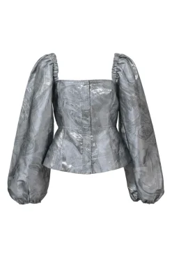 Silver polyester-blend abstract metallic jacquard balloon sleeve bustier top