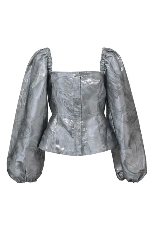Silver polyester-blend abstract metallic jacquard balloon sleeve bustier top