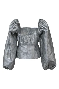 Silver polyester-blend abstract metallic jacquard balloon sleeve bustier top