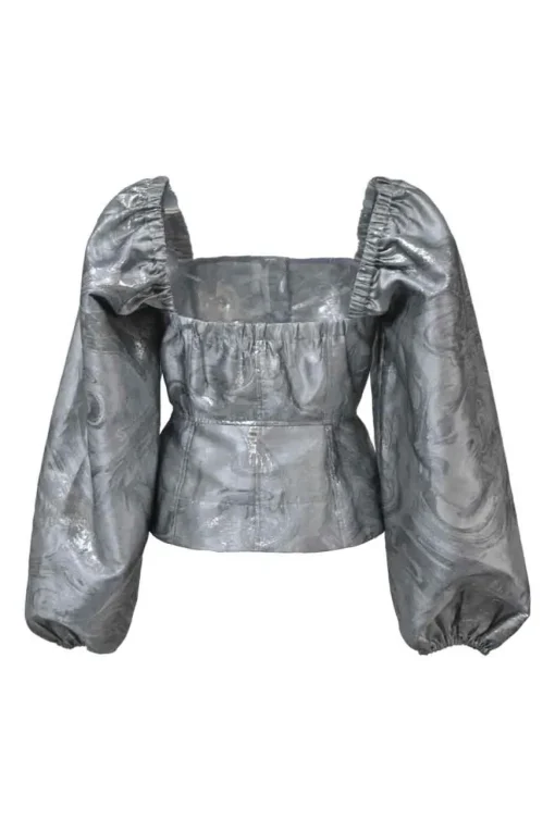 Silver polyester-blend abstract metallic jacquard balloon sleeve bustier top