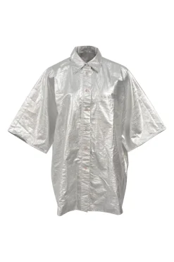 Silver polyester-blend lamé point collar dolman sleeve cocoon shirt