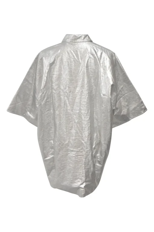 Silver polyester-blend lamé point collar dolman sleeve cocoon shirt