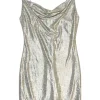 Silver polyester-elastane blend lamé cowl slip dress with fixed spaghetti straps