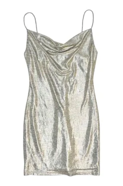 Silver polyester-elastane blend lamé cowl slip dress with fixed spaghetti straps