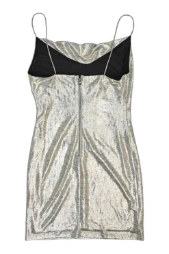 Silver polyester-elastane blend lamé cowl slip dress with fixed spaghetti straps