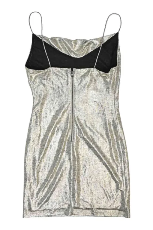 Silver polyester-elastane blend lamé cowl slip dress with fixed spaghetti straps