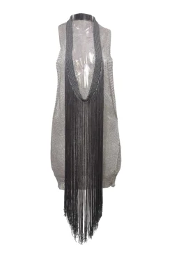 Silver rayon-blend wide-gauge fringe jersey knit cowl neck racerback tunic top