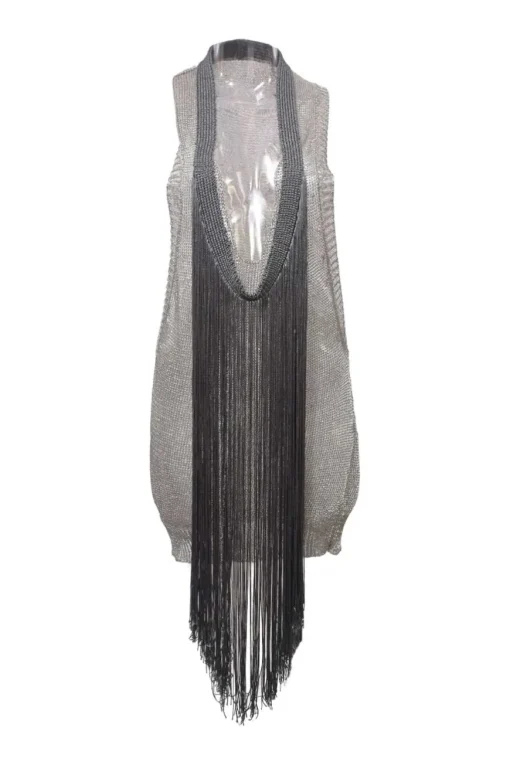 Silver rayon-blend wide-gauge fringe jersey knit cowl neck racerback tunic top