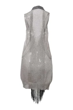 Silver rayon-blend wide-gauge fringe jersey knit cowl neck racerback tunic top