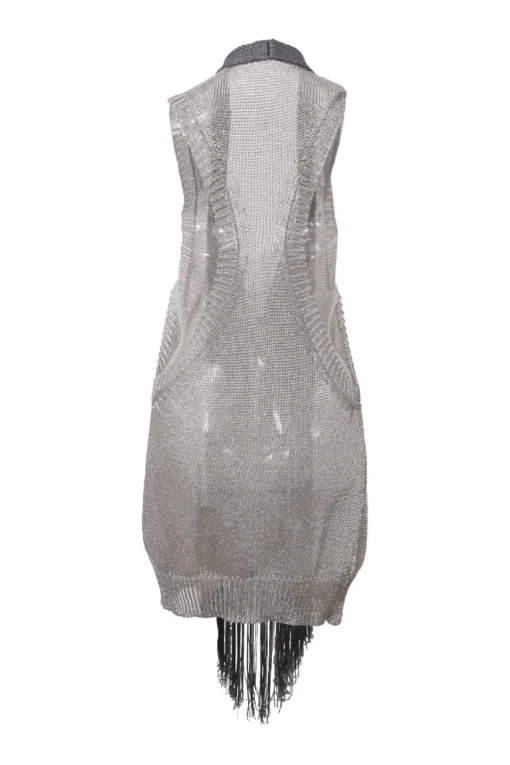 Silver rayon-blend wide-gauge fringe jersey knit cowl neck racerback tunic top