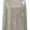 Silver sequin-embellished band collar long sleeve top