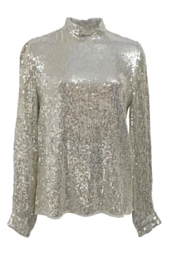 Silver sequin-embellished band collar long sleeve top