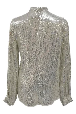 Silver sequin-embellished band collar long sleeve top
