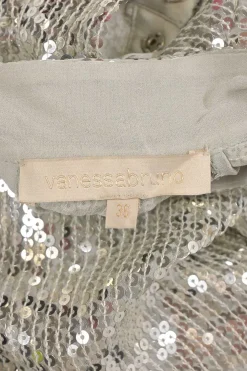 Silver sequin-embellished band collar long sleeve top