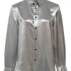 Silver silk-blend lamé spread collar button-front shirt