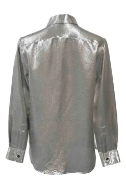 Silver silk-blend lamé spread collar button-front shirt
