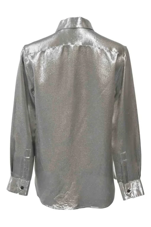 Silver silk-blend lamé spread collar button-front shirt