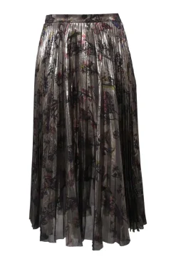 Silver silk-polyester blend floral print lamé pull-on A-line midi plissé skirt