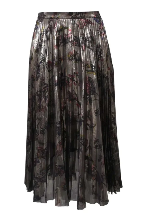 Silver silk-polyester blend floral print lamé pull-on A-line midi plissé skirt