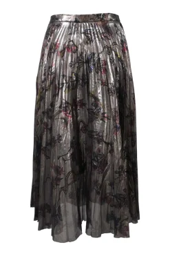 Silver silk-polyester blend floral print lamé pull-on A-line midi plissé skirt
