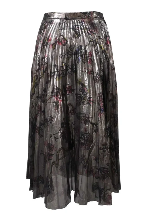 Silver silk-polyester blend floral print lamé pull-on A-line midi plissé skirt