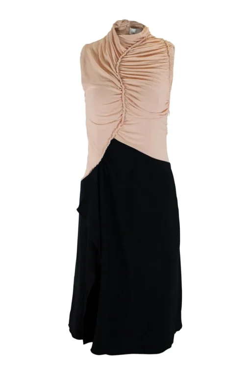 Sleeveless body mapped dress with front shirring, nude bodice and black skirt