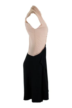 Sleeveless body mapped dress with front shirring, nude bodice and black skirt