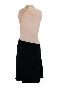 Sleeveless body mapped dress with front shirring, nude bodice and black skirt