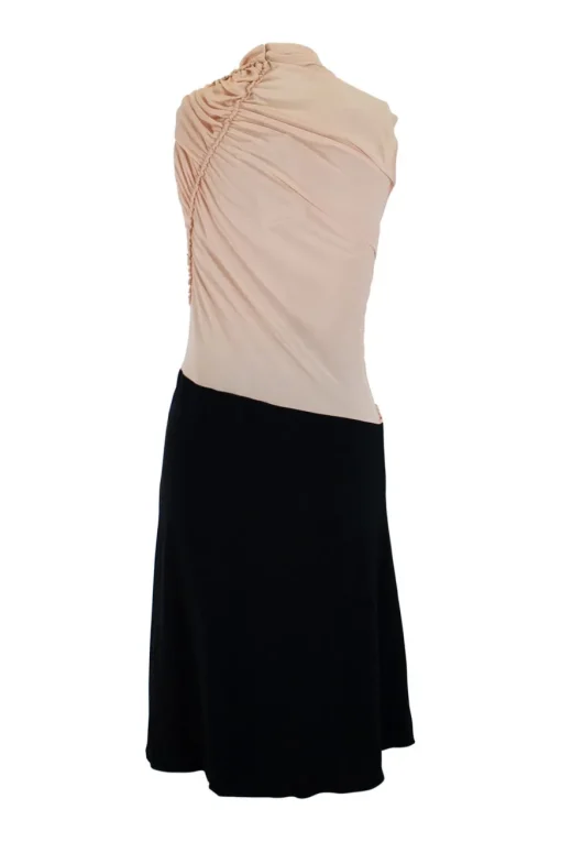 Sleeveless body mapped dress with front shirring, nude bodice and black skirt