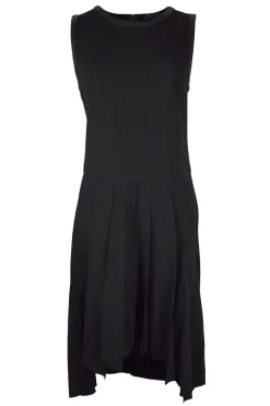 Sleeveless dress with asymetrical skirt and leather trim