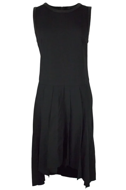 Sleeveless dress with asymetrical skirt and leather trim